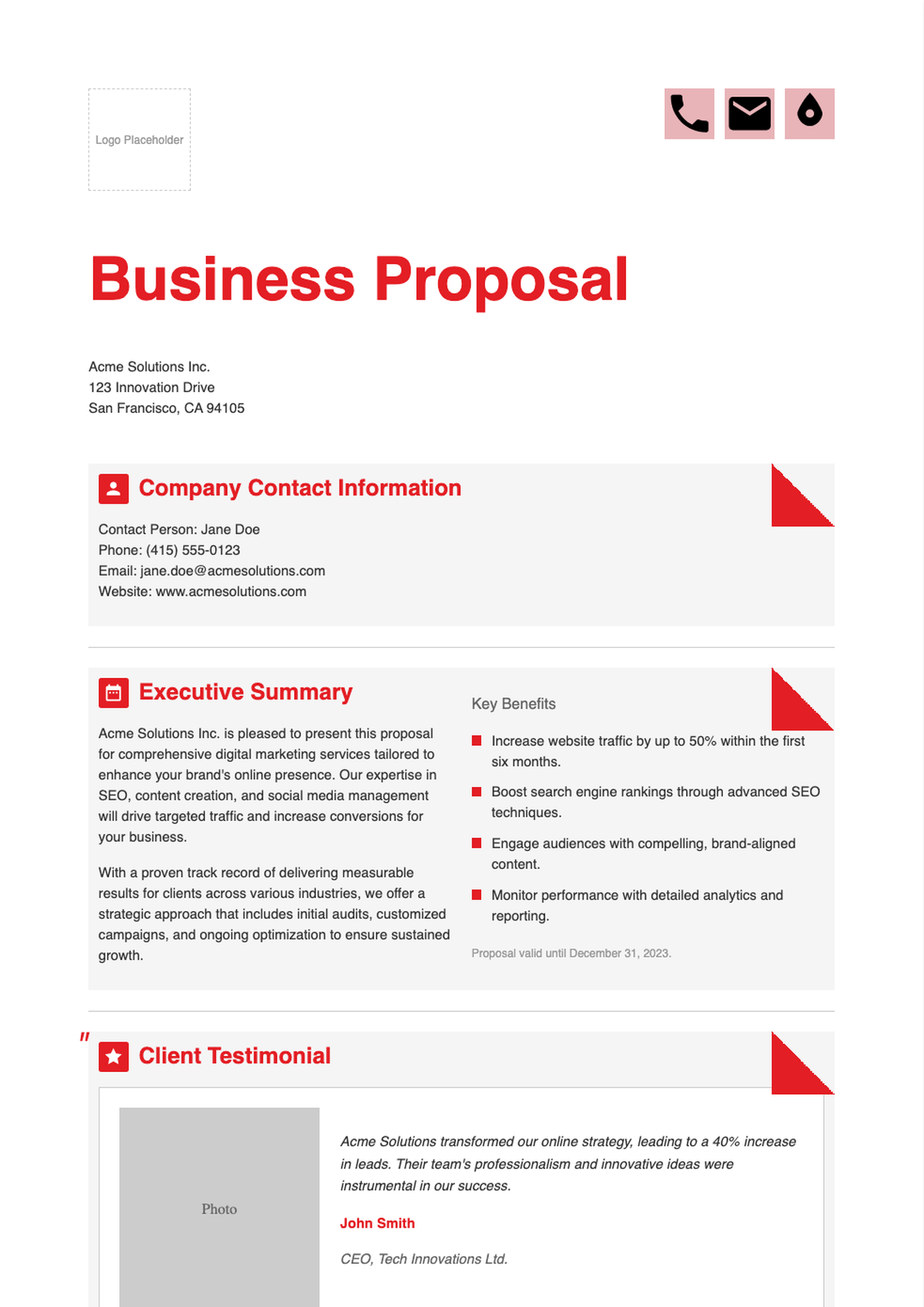 Modern red and gray business proposal template with client testimonial section_variant_1